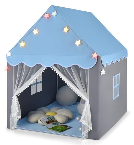 Costway Tenda da gioco per bambini con tappetino lavabile, Tenda castello fatato con luci a forma di stella Blu