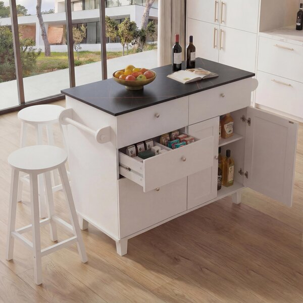 Isola da cucina MCW-P62 con 2 sgabelli, mobile da cucina, cassettiera, vani portaoggetti MDF 90x131x47cm ~ bianco, aspetto marmo nero