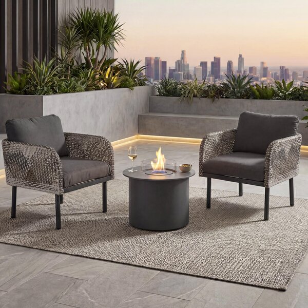 Set in polyrattan MCW-P80, set da giardino con sedie lounge, tavolo con braciere a bioetanolo in alluminio, tessuto 220 g/m² ~ grigio scuro