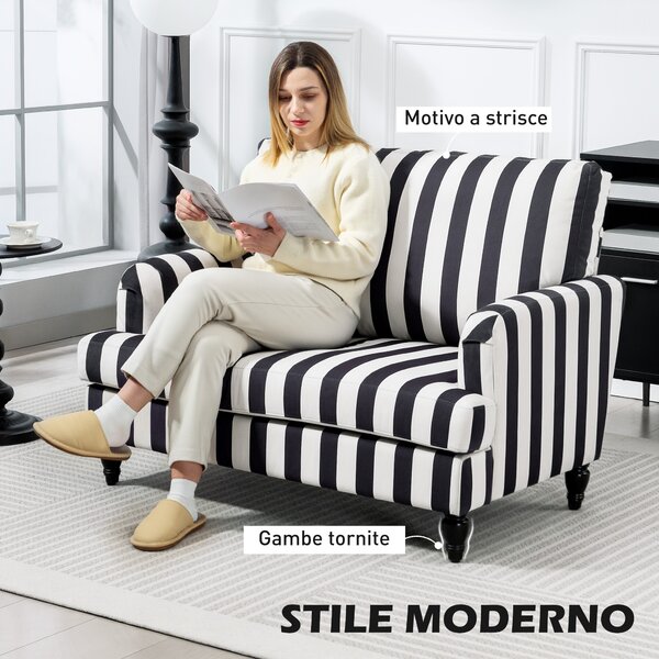 HOMCOM Poltrona Classico a Righe con Molle a S, Cuscino spesso e schienale in Velluto, 115x82x82 cm, Nero e Bianco | Aosom Italy
