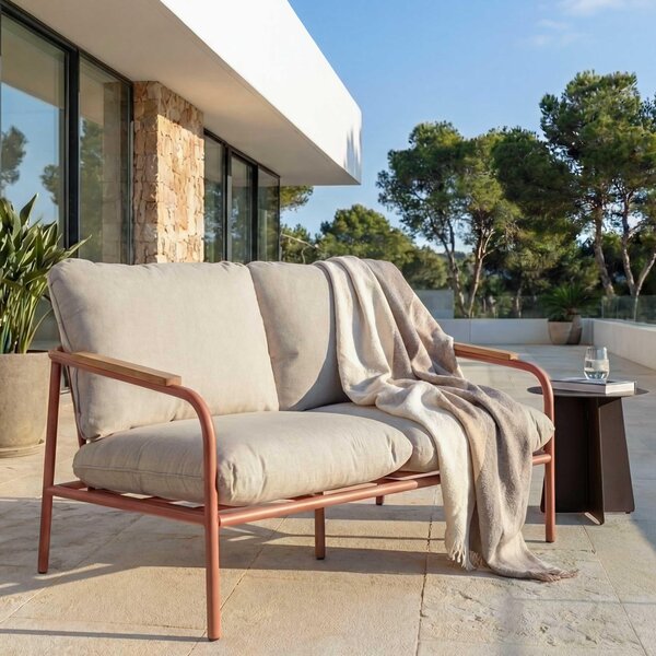 Panchina da giardino in alluminio MCW-O11, divano a 2 posti per esterni, tessuto olefinico (205 g/m²) 125 cm ~ imbottitura terracotta beige