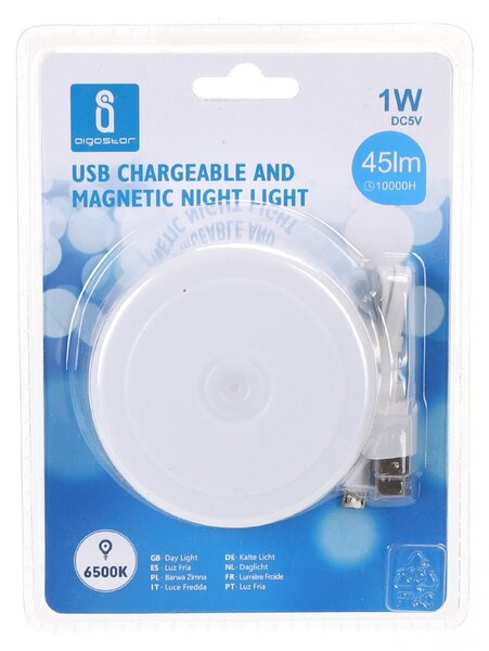 Lampada Led portatile Rotonda Bianca 1W ricaricabile USB con calamita Bianco freddo 6500K Aigostar