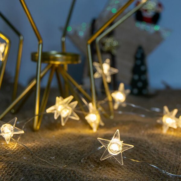 Catena decorata con 20 stelline luminose a Led Bianco Caldo 2 metri a batteria e autospegnimento Wisdom