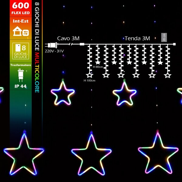 Tenda luminosa con Stelle neon 3 metri Led Multicolore stalattiti altezza 100cm per interno Wisdom
