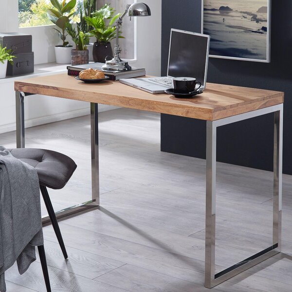 FineBuy Scrivania in legno massello di acacia, scrivania per computer 120 x 60 cm, tavolino per laptop, tavolino in stile rustico con gambe in metallo, sheesham // acacia
