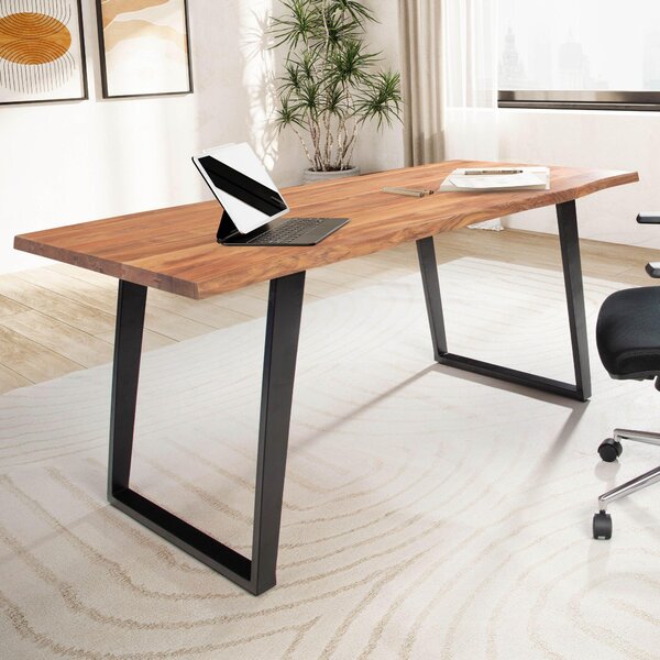 WOHNLING Scrivania 180x90x76 cm Legno massello di acacia / metallo Scrivania per computer Bordo del tronco Scrivania da ufficio per home office Massiccia con gambe a U in nero Tavolo in legno