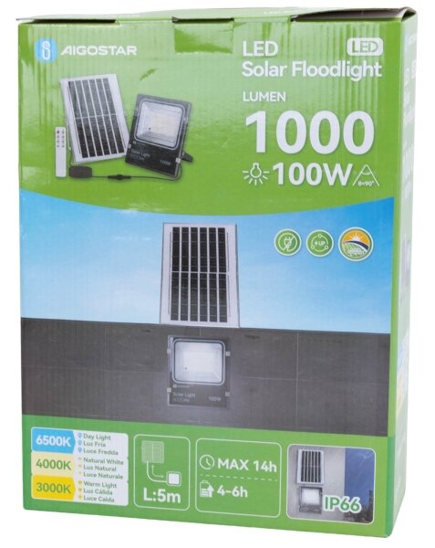 Aigostar-LED Proiettore solare LED/100W/3,2V 2000mAh 3000K/4000K/6500K IP66 + telecomando