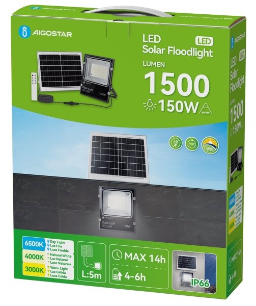 Aigostar-LED Faro solare LED/150W/3,2V 3000mAh 3000K/4000K/6500K IP66 + telecomando