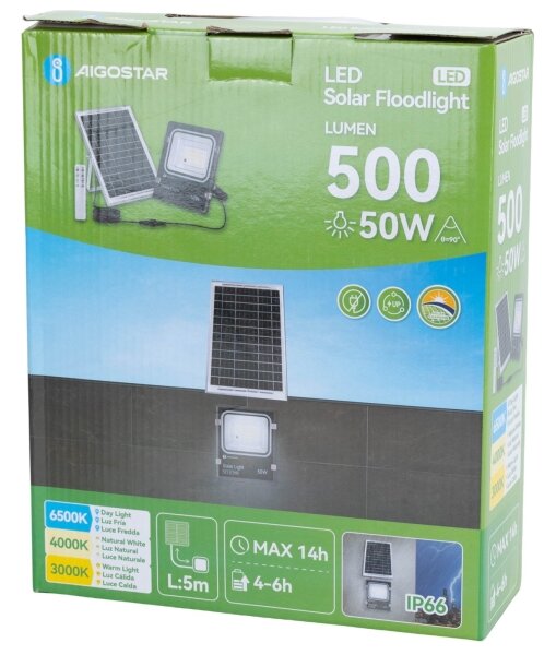 Aigostar -LED Proiettore solare LED/50W/3,2V 1200mAh 3000K/4000K/6500K IP66 + telecomando