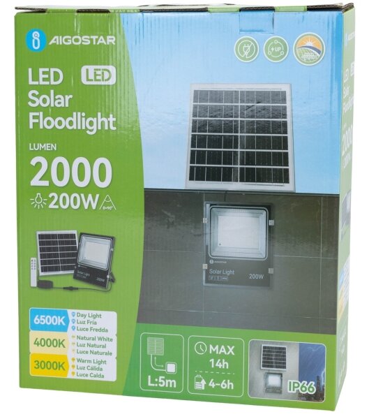 Aigostar-LED Proiettore solare LED/200W/3,2V 3600mAh 3000K/4000K/6500K IP66 + telecomando