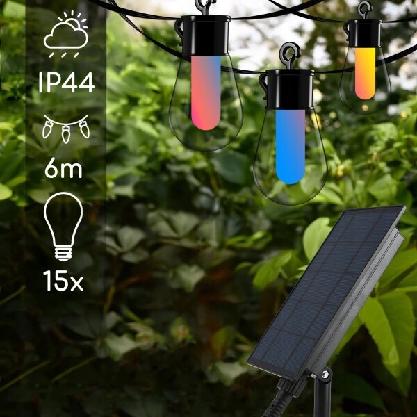 Catena decorativa solare LED RGB, 15 LED, 18 funzioni, USB, 6 m, IP44, nera