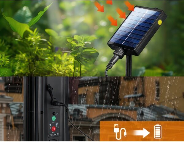 Catena decorativa solare LED RGB, 15 LED, 18 funzioni, USB, 6 m, IP44, nera