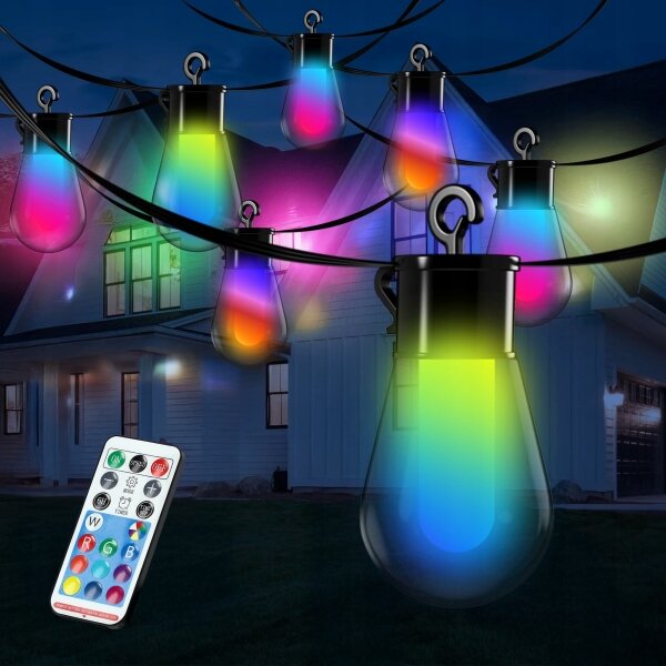 Catena decorativa solare LED RGB, 15 LED, 18 funzioni, USB, 6 m, IP44, nera