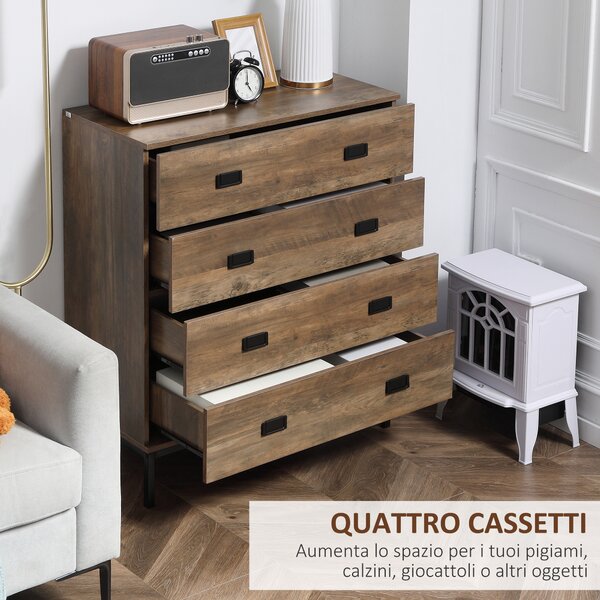 HOMCOM Settimino 4 Cassetti con Gambe in Metallo per Soggiorno e Camera da Letto, Cassettiera in Legno, Credenza con Cassetti, Marrone | Aosom Italy