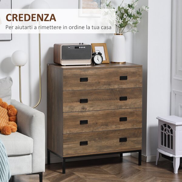 HOMCOM Settimino 4 Cassetti con Gambe in Metallo per Soggiorno e Camera da Letto, Cassettiera in Legno, Credenza con Cassetti, Marrone | Aosom Italy