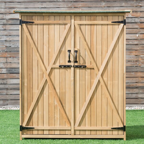Costway Casetta da giardino con tetto inclinato in asfalto 2 porte e ripiani, Ripostiglio porta attrezzi in legno