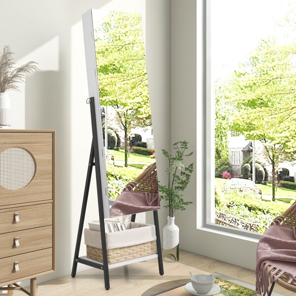 Costway Specchio portagioie da terra con serratura luci LED telaio metallico, Armadietto portagioie 41,5x37x157cm Bianco