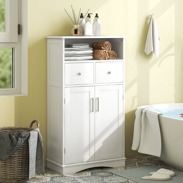 Costway Mobile per bagno con 2 porte 2 cassetti e 2 ripiani regolabili, Organizzatore da pavimento 60x30x108cm Bianco
