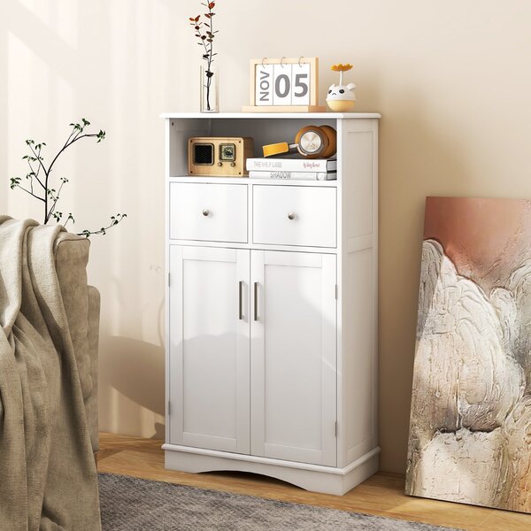 Costway Mobile per bagno con 2 porte 2 cassetti e 2 ripiani regolabili, Organizzatore da pavimento 60x30x108cm Bianco