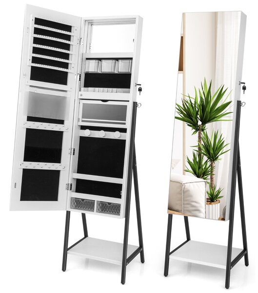 Costway Specchio portagioie da terra con serratura luci LED telaio metallico, Armadietto portagioie 41,5x37x157cm Bianco