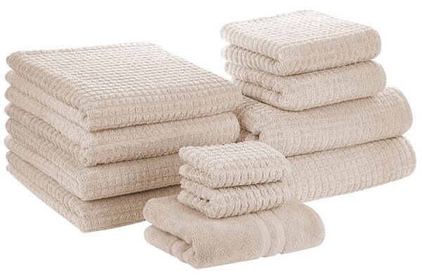 Set di 11 asciugamani Telo da bagno e tappetino da bagno per ospiti in cotone beige Beliani