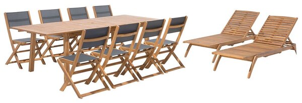 Set da pranzo da giardino in legno chiaro acacia tavolo rettangolare 8 posti 2 lettini 11 pezzi Beliani