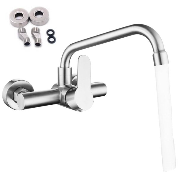 Rubinetto da cucina con montaggio a parete, bocca girevole a 360°, miscelatore per cucina, acciaio inossidabile, rubinetto per lavello, materiale sicuro per la salute
