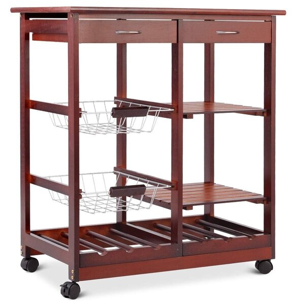 Costway Carrello da cucina con 2 cassetti portabottiglie e cestini frutta in metallo, Carrello in legno 67x37x76cm Marrone