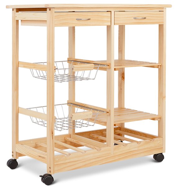 Costway Carrello da cucina con 2 cassetti portabottiglie e cestini frutta in metallo, Carrello in legno 67x37x76cm Naturale