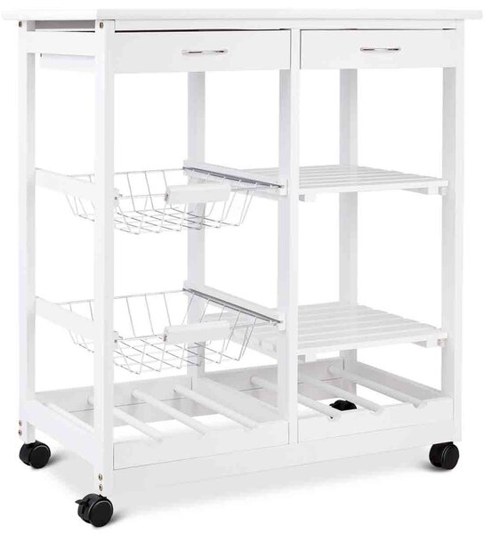 Costway Carrello da cucina con 2 cassetti portabottiglie e cestini frutta in metallo, Carrello in legno 67x37x76cm Bianco