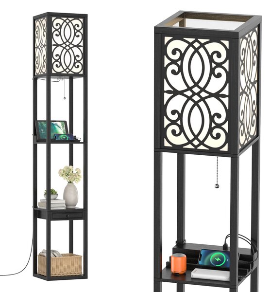 Costway Lampada a stelo con ripiani e cassetto, Lampada a piantana moderna con 1 presa elettrica 2 porte USB Nera
