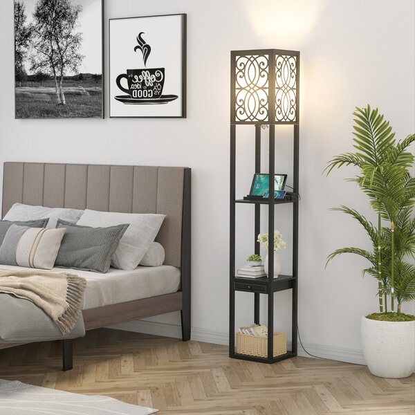 Costway Lampada a stelo con ripiani e cassetto, Lampada a piantana moderna con 1 presa elettrica 2 porte USB Nera