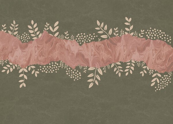 Carta da parati Sfondo rosa e verde con foglie e fiori, Carta da parati Floreale, Carta da parati popolare, t00758v2 - Tapeko.it