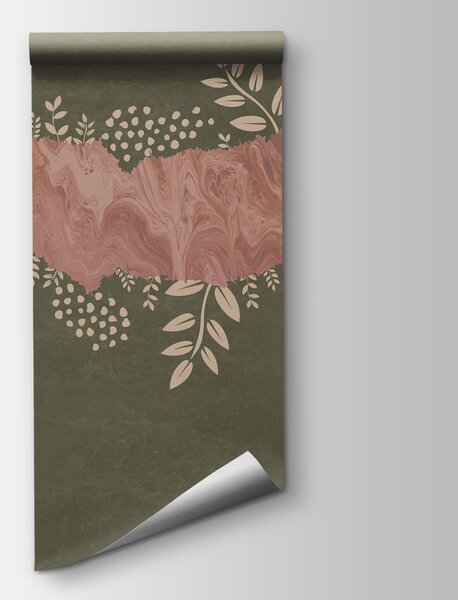 Carta da parati Sfondo rosa e verde con foglie e fiori, Carta da parati Floreale, Carta da parati popolare, t00758v2 - Tapeko.it