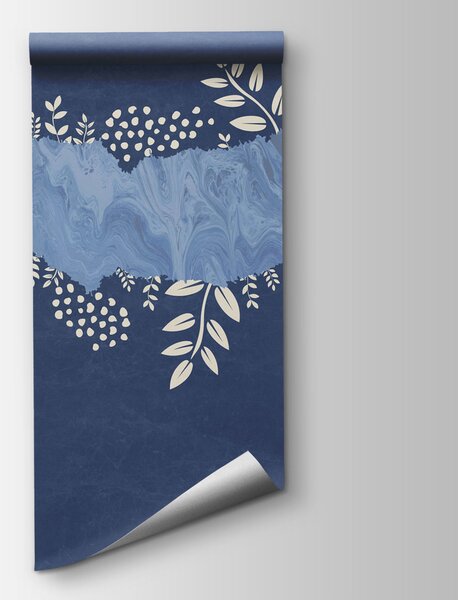 Carta da parati Sfondo blu e bianco con foglie bianche e puntini, Carta da parati lastrazione, Carta da parati popolare, t00758v1 - Tapeko.it