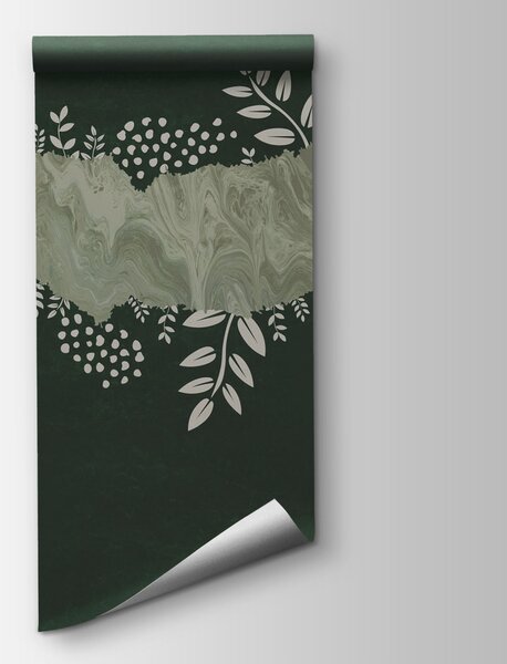 Carta da parati Sfondo verde e bianco con foglie e fiori bianchi, Carta da parati lastrazione, Carta da parati popolare, t00758v3 - Tapeko.it