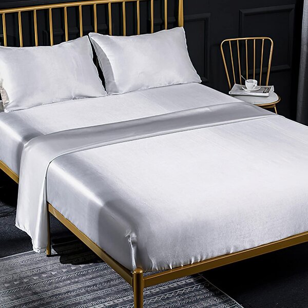 Elzusha - Set di lenzuola in raso con lenzuolo con angoli e federe (135 x 190 cm, bianco)