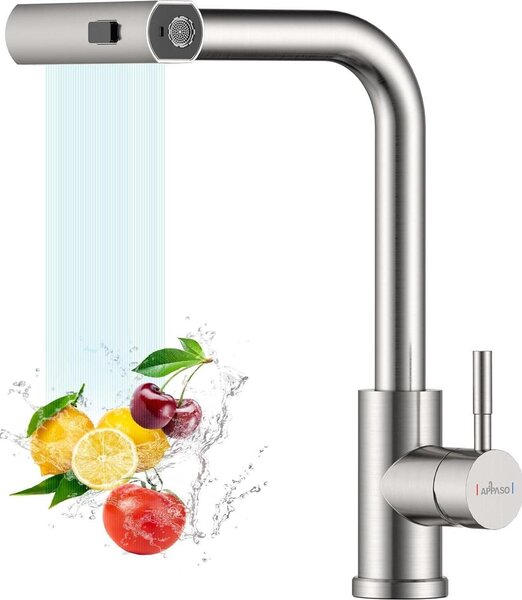 APPASO Rubinetto da cucina estraibile a cascata in acciaio inox spazzolato 3 tipi di getto