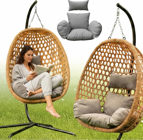 MEVEN AURA | Poltrona sospesa da giardino naturale a forma di bozzolo su struttura metallica | Cestino in tecnorattan con cuscini XXL, portata 110 kg | Altalena da giardino moderna