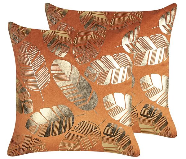 Set di 2 cuscini decorativi velluto arancione 45 x 45 cm Foglia d'oro stampa Accessori arredo glamour Beliani