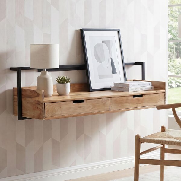 Scrivania a parete in legno massello di acacia, 120 cm, con 2 cassetti. Scrivania da parete sospesa, design moderno, con spazio contenitivo. Prodotto artigianale