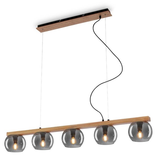 Lampada a sospensione, con legno, vetro fumé, 5xE14/max.1