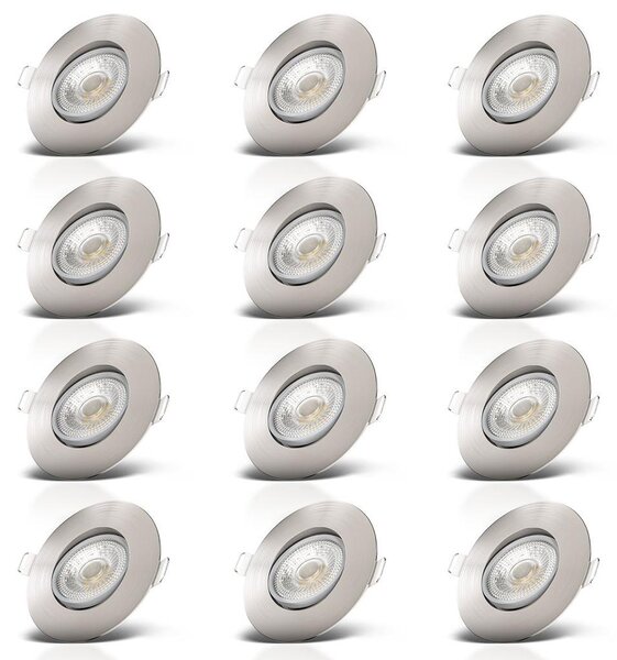B.K.Licht Faretti LED da incasso ultrapiatti orientabili, LED integrati 5W, foro Ø68mm, luce calda 3000K, 460Lm, set di 12 faretti da soffitto rotondi, plastica color nichel opaco 230V IP23