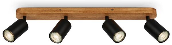 BRILONER - Lampada da soffitto retrò con legno, lampada da soffitto vintage a 4 luci, 4x attacco GU10, spot LED regolabile, spot da soffitto rustico, nero-legno, 550x60x85 mm