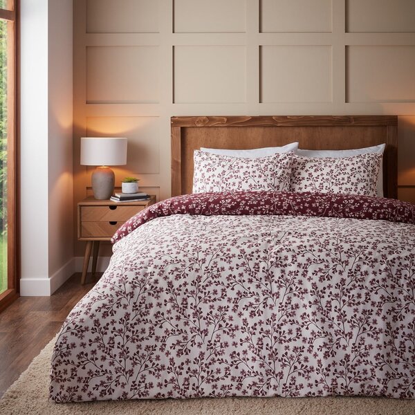 Biancheria da letto in flanella rossa per letto singolo 135x200 cm Grace Floral Leaf - Catherine Lansfield