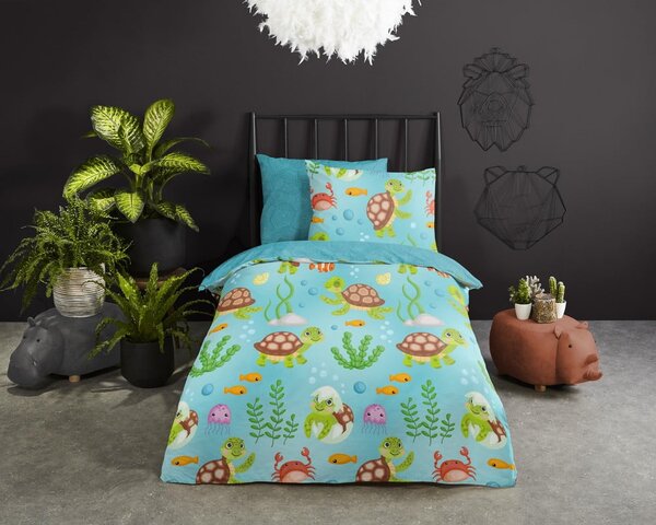 Set copripiumino e federa da bambini blu in cotone per letto singolo ed esteso 140x220 cm Turtles – Good Morning