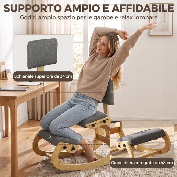 HOMCOM Sedia Ergonomica Inginocchiata da Ufficio e Casa, in Tessuto Effetto Lino, Compensato di Betulla, Grigio | Aosom Italy