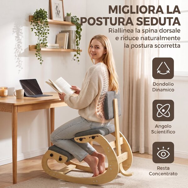 HOMCOM Sedia Ergonomica Inginocchiata da Ufficio e Casa, in Tessuto Effetto Lino, Compensato di Betulla, Grigio | Aosom Italy