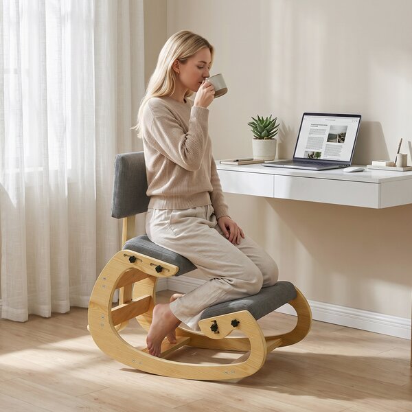 HOMCOM Sedia Ergonomica Inginocchiata da Ufficio e Casa, in Tessuto Effetto Lino, Compensato di Betulla, Grigio | Aosom Italy