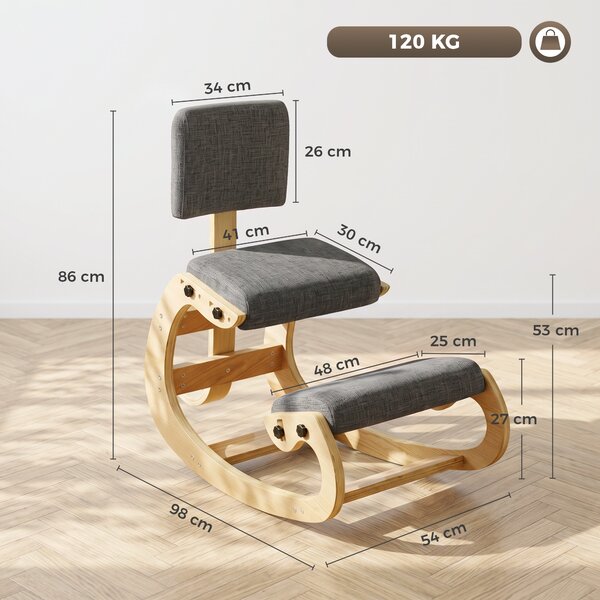 HOMCOM Sedia Ergonomica Inginocchiata da Ufficio e Casa, in Tessuto Effetto Lino, Compensato di Betulla, Grigio | Aosom Italy